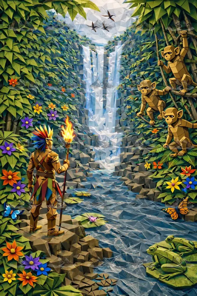 Origami Jungle Encounter / Encontro na Selva de Origami / Encuentro en la Selva de Origami Digital Artwork